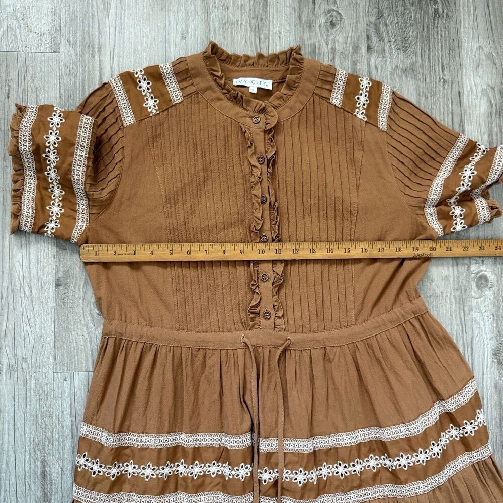 Ivy City Co. Cotton Santorini Dress L Brown Tiered Lace Trim Pintuck Midi Boho - Picture 8 of 10